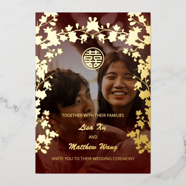Mariage chinois Photo Gold Foil Invitation (Recto)