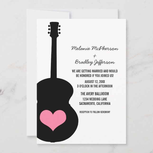 Mariage Coeur de guitare rose/noir Invitation (Devant)