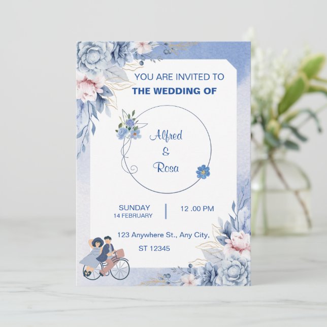 Mariage Couple Image bleu doux Simple Invitation (Debout devant)