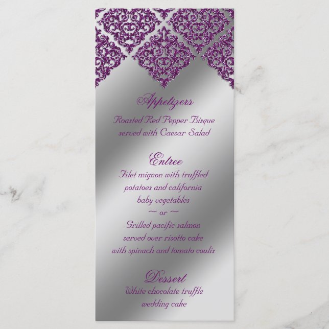 Mariage damassé Cartes de menu Purple Sparkle Silv (Devant)