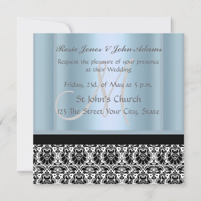 Mariage damassé Invitation noir et bleu ciel (Devant)