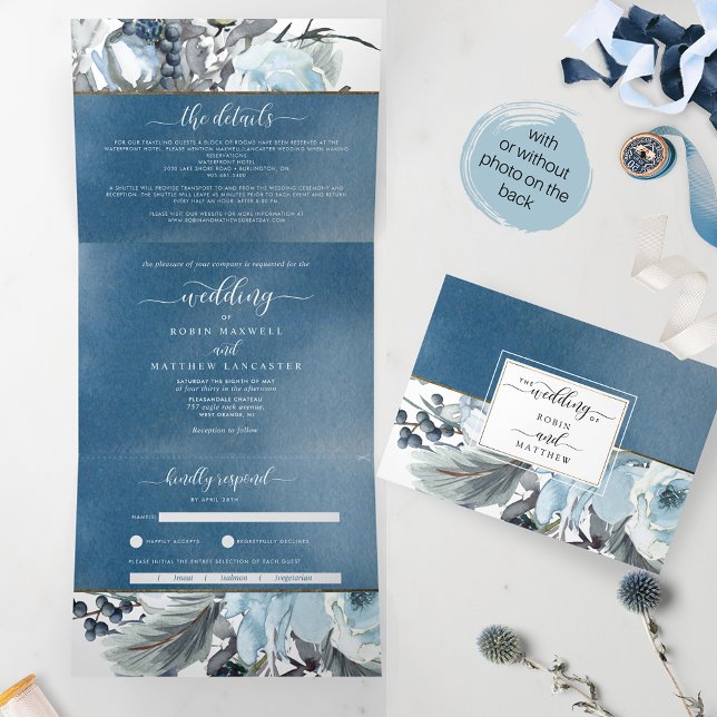 Mariage d'aquarelle bleu à trois volets Invitation (Créateur téléchargé)