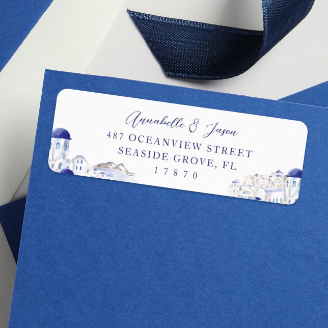 Mariage d'aquarelle de l'architecture de Santorin  (Santorini Greece Architecture Watercolor Wedding Label)