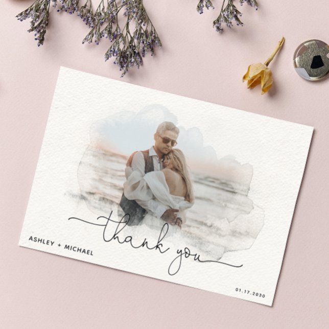 Mariage d'aquarelle simple Script 4 photo Merci (Grateful for the love and joy you shared on our special day. )