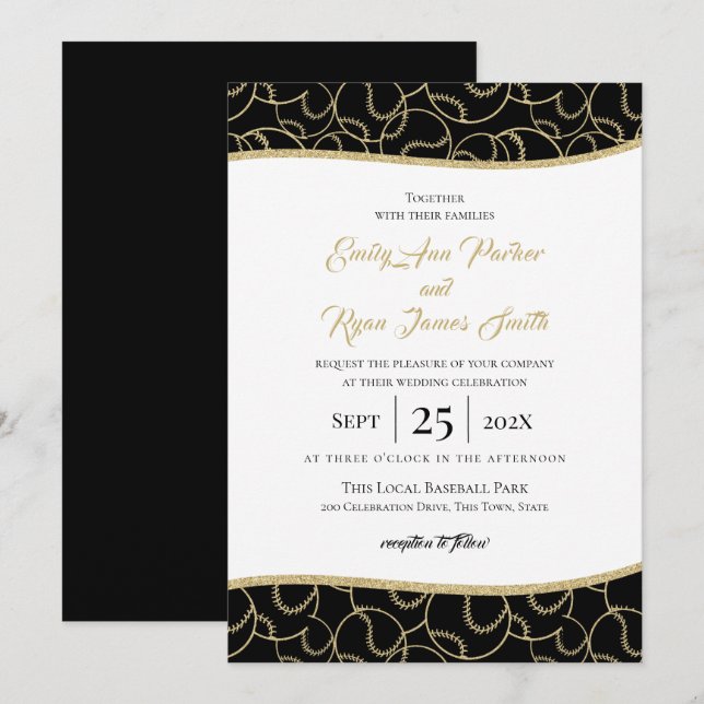 Mariage de baseball Gold et Black Invitation (Devant / Derrière)