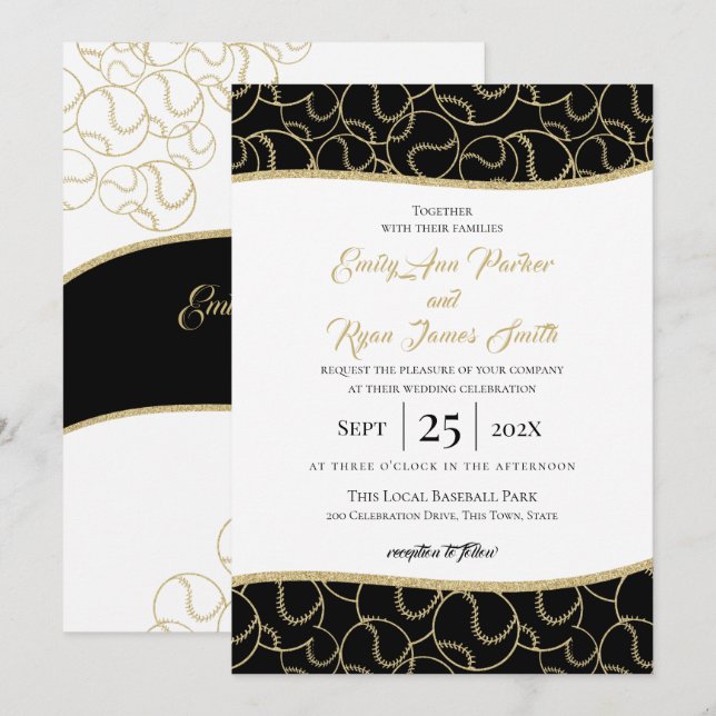 Mariage de baseball Gold et Black Invitation (Devant / Derrière)