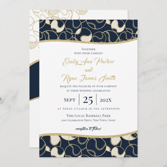 Mariage de baseball Gold et Blue Invitation (Devant / Derrière)