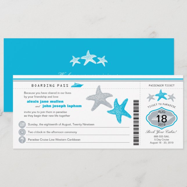 Mariage de carte d'embarquement d'étoiles de mer (Devant / Derrière)