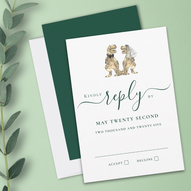 Mariage de Dinosaure Réponse Verte (Dinosaur wedding invitation RSVP card dark green script T-Rex dino bride & groom)