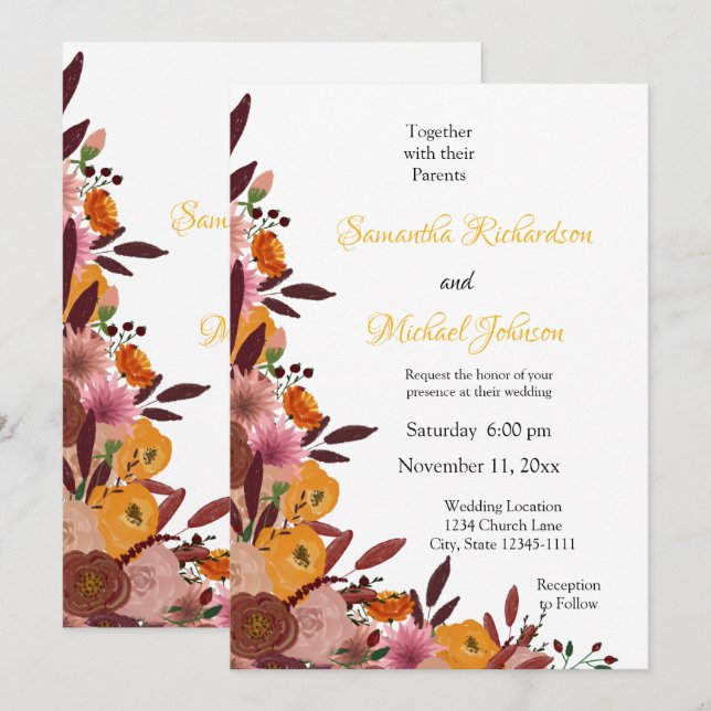 Mariage de fleurs automne Invitation blanche (Devant / Derrière)