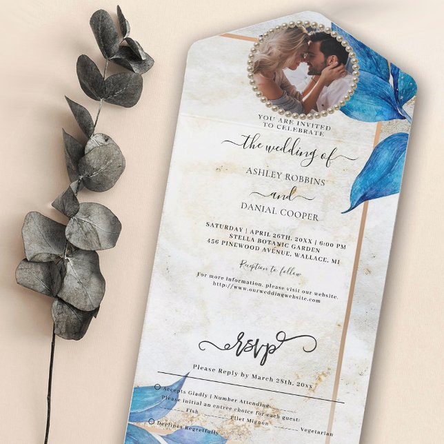 Mariage De Foliage Bleu Tout En Une Invitation (Créateur téléchargé)