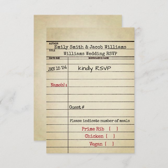 Mariage de la carte de bibliothèque rétro RSVP (Devant / Derrière)