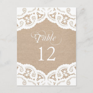 Mariage de la dentelle Burlap Numéro de table Cart