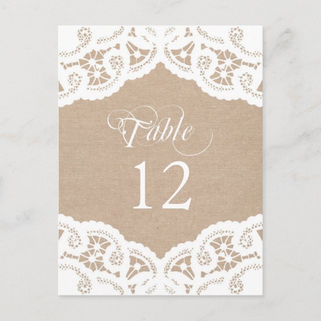 Mariage de la dentelle Burlap Numéro de table Cart (Devant)