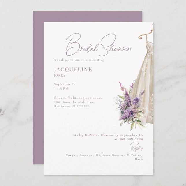 Mariage de lavande robe nuptiale douche Invitation (Devant / Derrière)