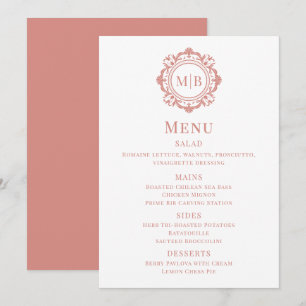 Mariage de Monogramme Floral Orné Menu Rose Gold