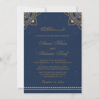 mariage de musulmans de marine et d'or Invitations