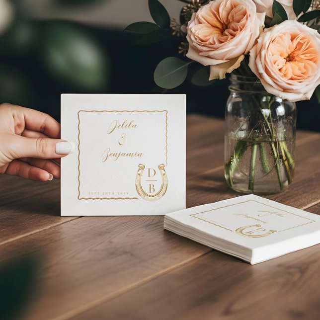 Mariage de nom et monogramme de fer à cheval rusti (Rustic Western Horseshoe Name & Monogram Wedding Foil Napkins)