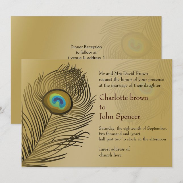 mariage de paon or Invitations (Devant / Derrière)