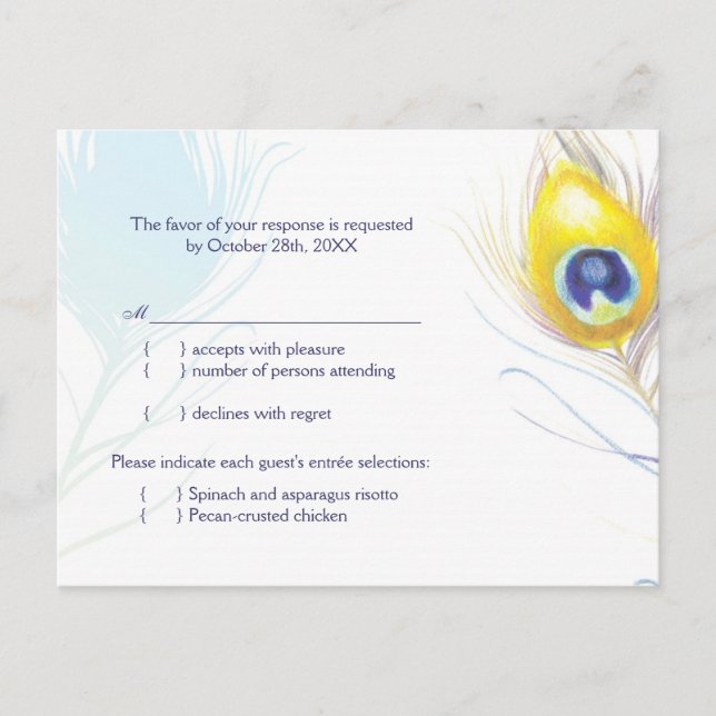 Mariage de plume de paon simple Menu Choix RSVP (Devant)