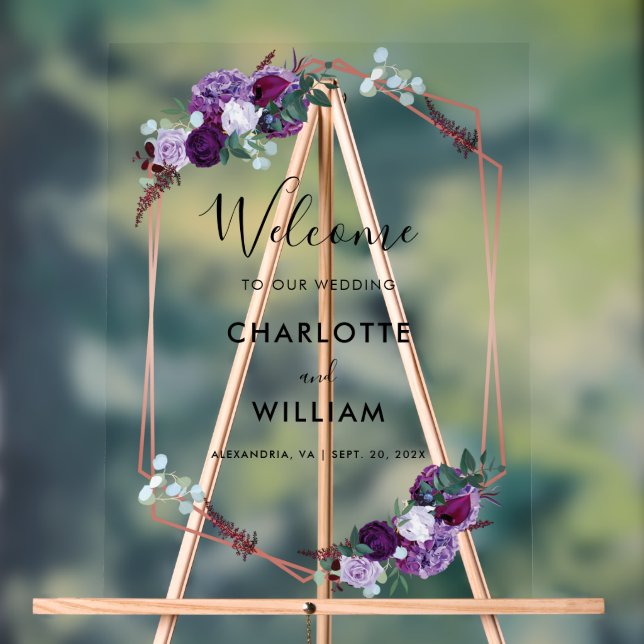 Mariage de script floral violet Bienvenue (Neutre)