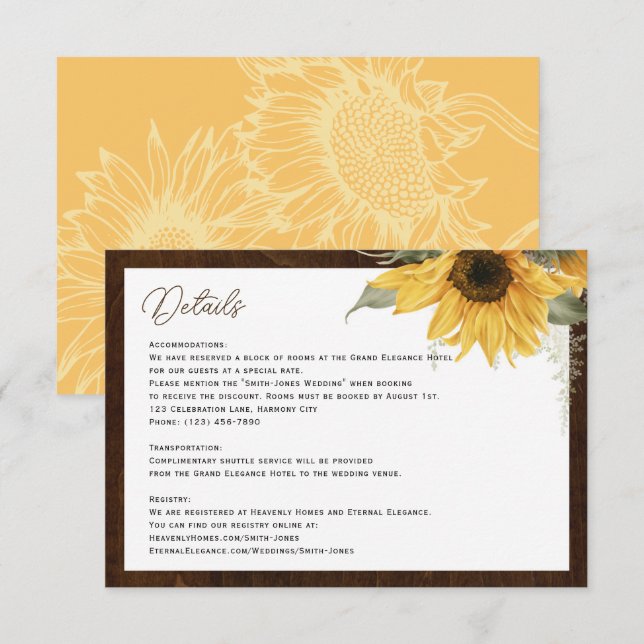 Mariage de tournesol rustique détails cartes de bo (Devant / Derrière)