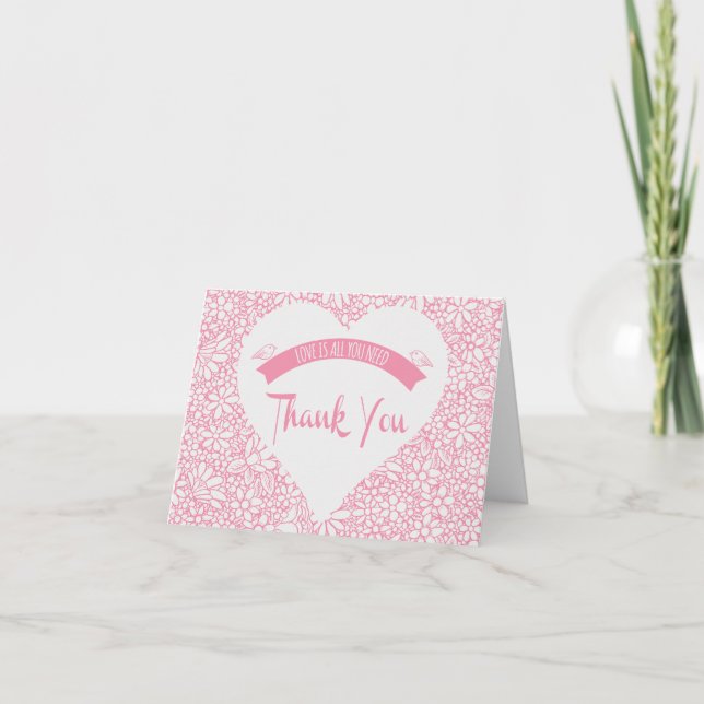 Mariage de tourtereaux à cœur rose floral Merci (Devant)