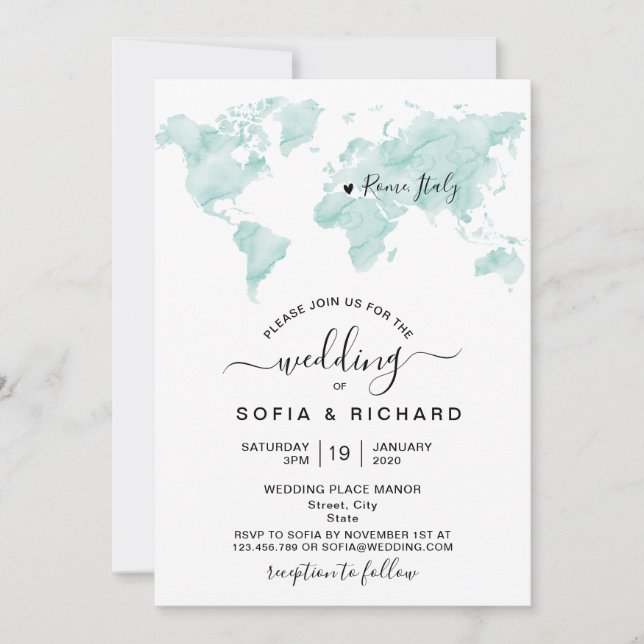 Mariage Destination Aquarelle Carte du monde Coeur (Devant)