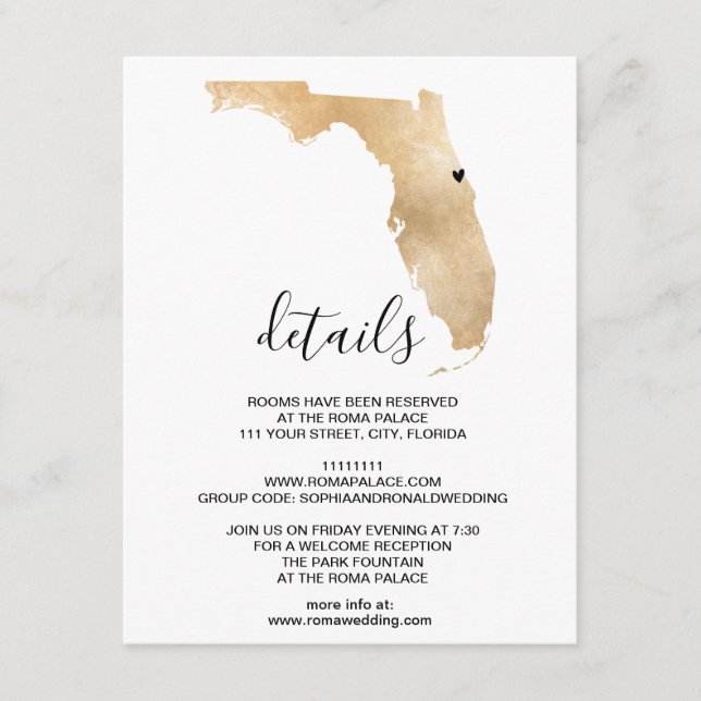 Mariage Destination Floride Carte Coeur amovible (Devant)