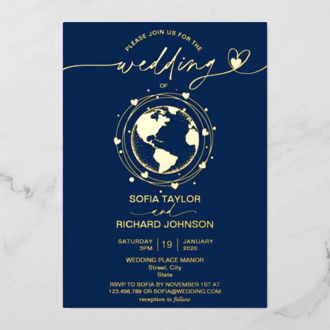 Mariage Destination Monde Carte Typographie Or Mar (Recto)