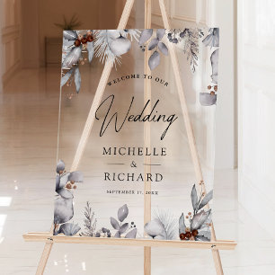 Mariage d'hiver bienvenue feuilles aquarelle