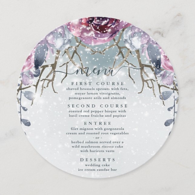 Mariage d'hiver Floral Blue Menu (Devant)