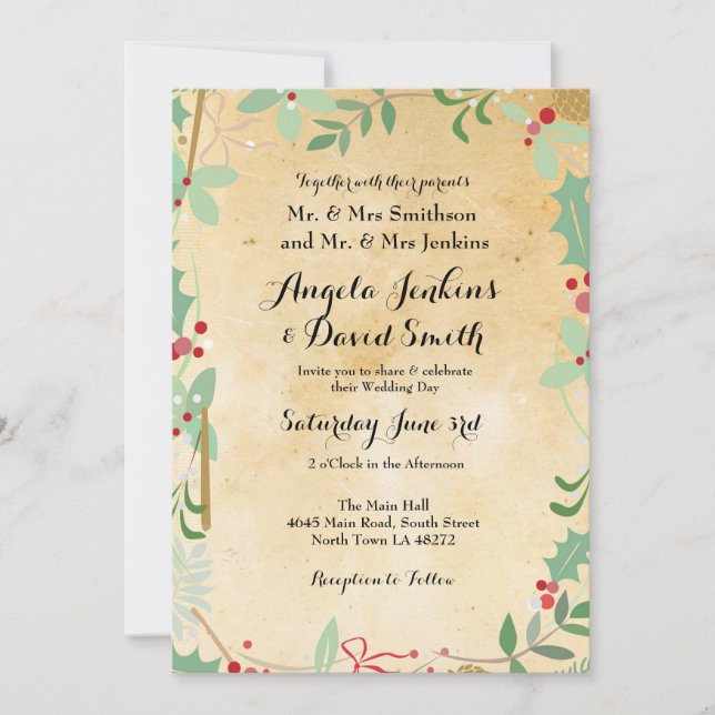Mariage d'hiver Holly Papier Invitation de fête (Devant)