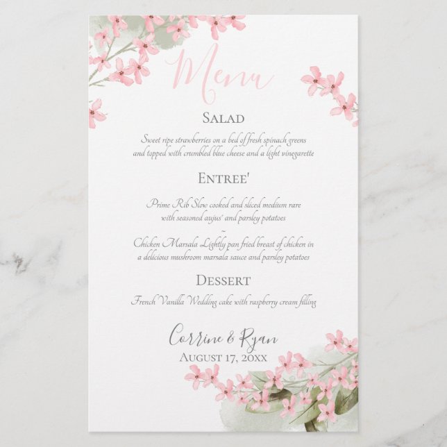 Mariage Dîner en fleurs roses Menu (Devant)