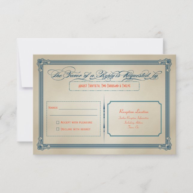 Mariage DIY Vintage Orange, Sarcelle et Bleu RSVP (Devant)