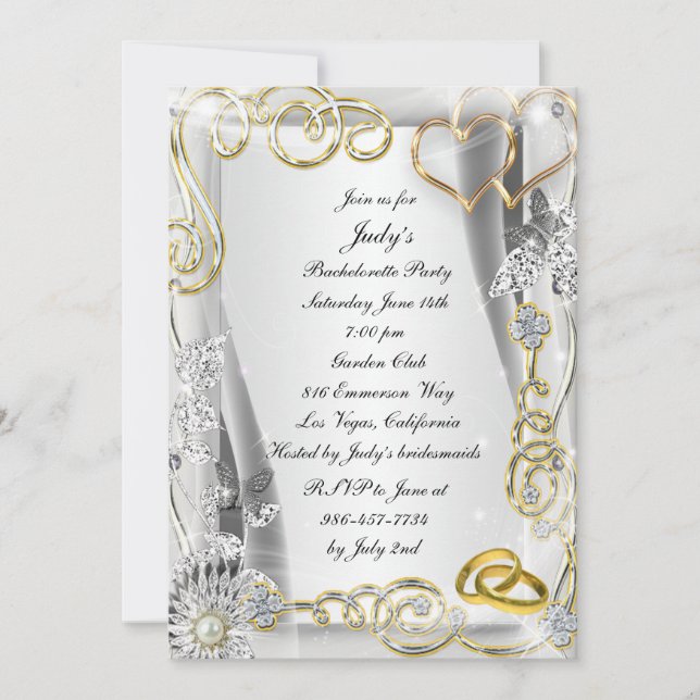 Mariage d'or Anneaux Coeur Bachelorette Invitation (Devant)