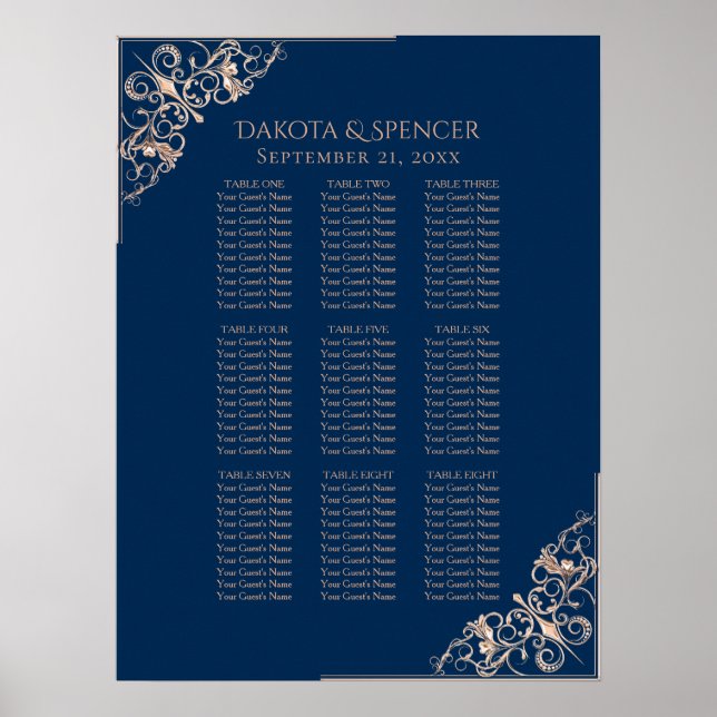 Mariage d'or Rose bleu marine | Tableau des sièges (Devant)