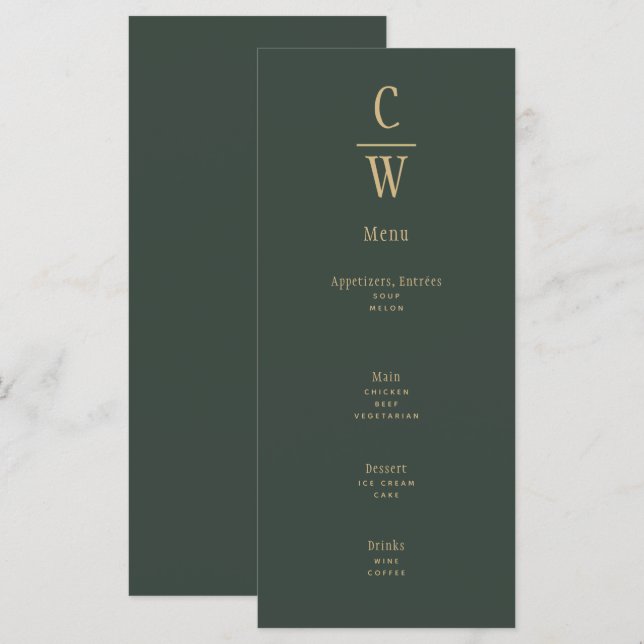 Mariage d'or vert olive moderne Monogramme Menu (Devant / Derrière)