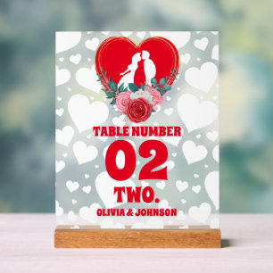 Mariage du coeur floral rouge Numéro de table givr
