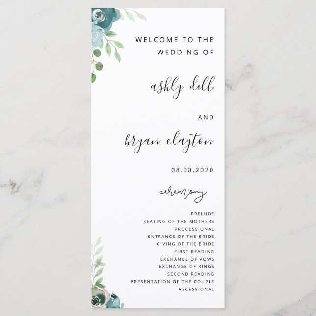 Mariage Dusty Bule Floral Programme (Devant)