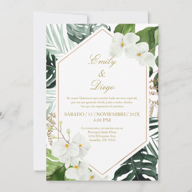 Mariage élégant et verdoyant Invitation en espagno (Devant)