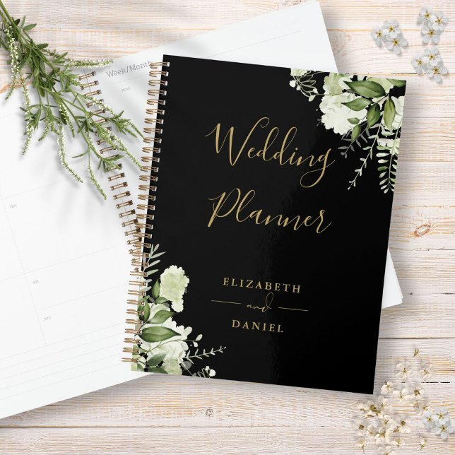 Mariage Élégant Floral Végétal Noir et Or (Elegant Floral Greenery Black And Gold Wedding Planner)