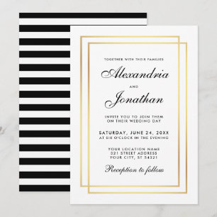 Mariage élégant moderne Noir Blanc rayé Invitation