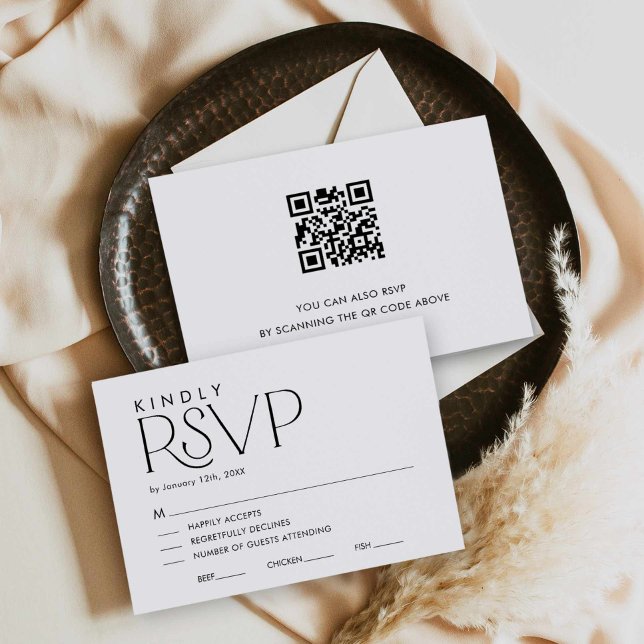 Mariage élégant moderne RSVP avec carte de code QR (Modern Black and White RSVP with QR Code card)