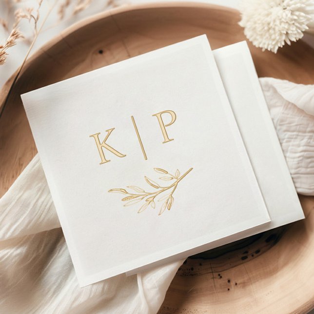 Mariage élégant Monogramme feuilles de verdure (Elegant minimal wedding monogram with greenery foil napkins.)