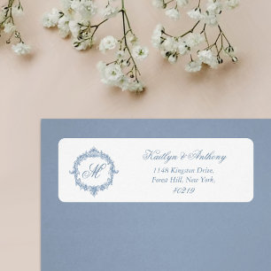 Mariage Élégant Vintage Bleu Toile Monogramme