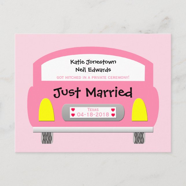 Mariage Elopement Faire-part Postcard Voiture rose (Devant)