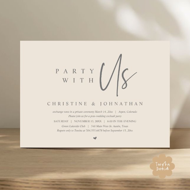Mariage Elopement, Fête avec nous Invitation (Party with us Modern Casual Wedding Elopement Dinner Party Dancing Invitation Card PDF Cream Grey)