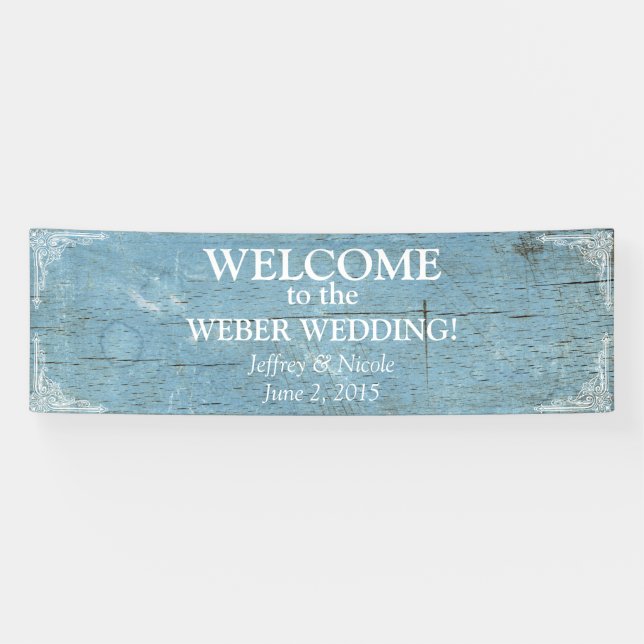 Mariage en bois bleu rustique avec la bannière de (Horizontal)