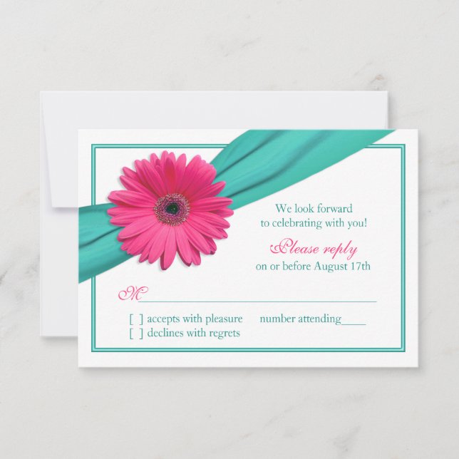 Mariage en ruban rose Gerbera Daisy Turquoise RSVP (Devant)